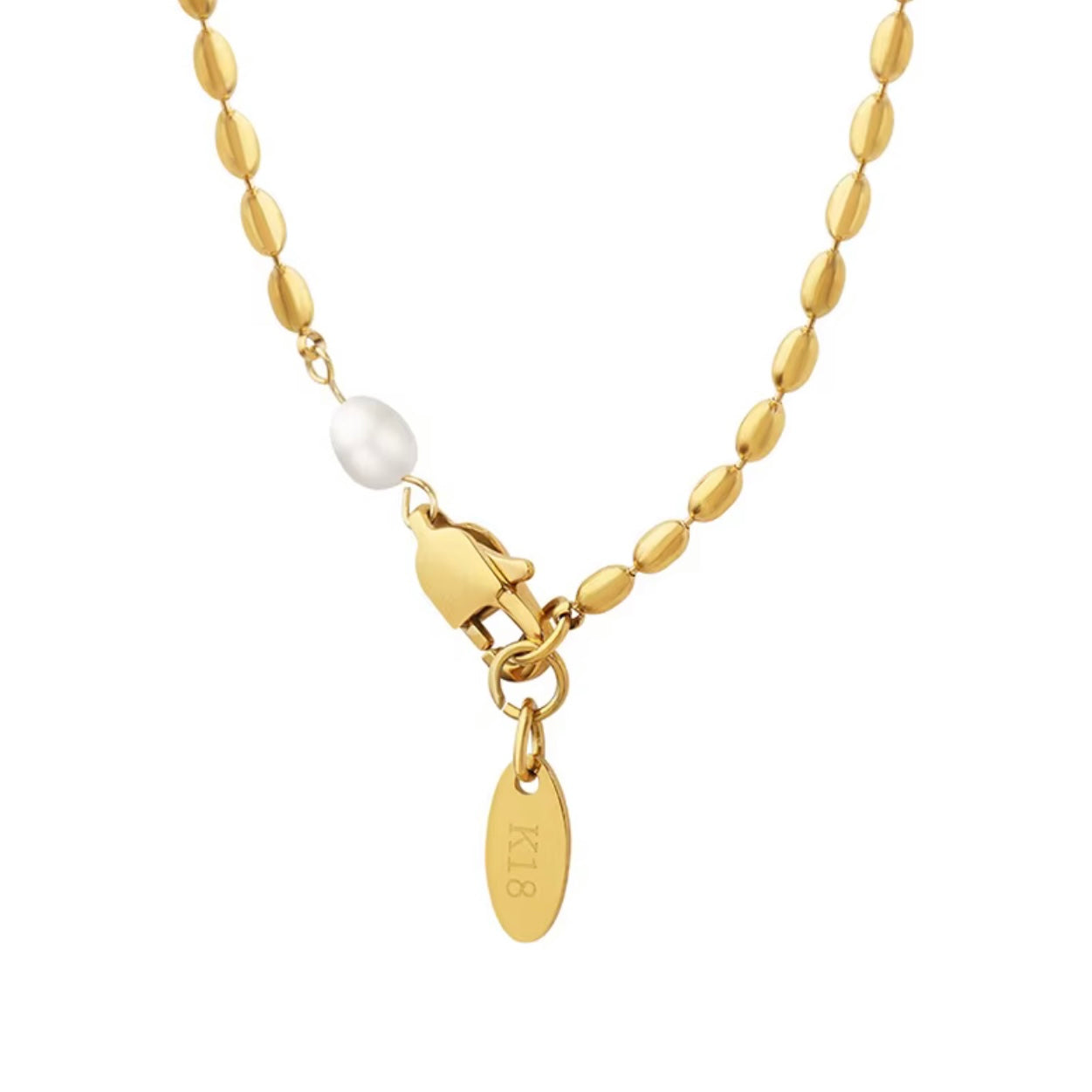 Elara Goldkette mit weißer Perle, Anhänger und 18K Goldstempel