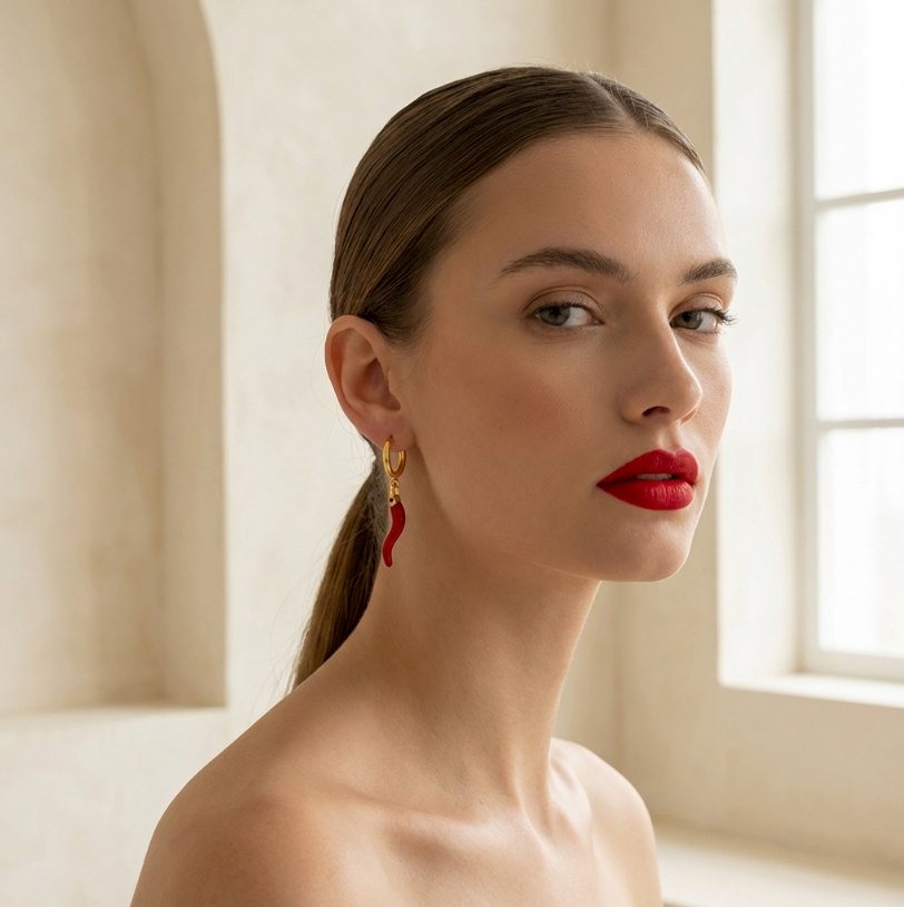 Goldene Hoop-Ohrringe mit rotem Flammen-Dangler, von einer Frau getragen.