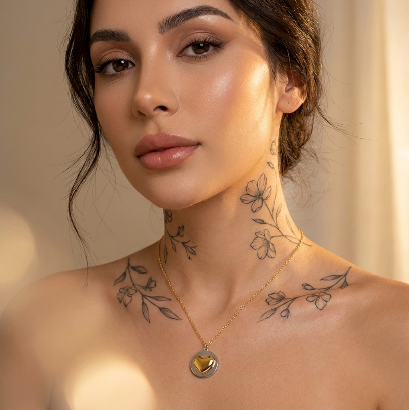 Pure Love Pendant: Goldherz-Anhänger auf feiner Kette vor einer Frau mit Blumen-Tattoos am Hals.