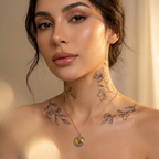Pure Love Pendant: Goldherz-Anhänger auf feiner Kette vor einer Frau mit Blumen-Tattoos am Hals.