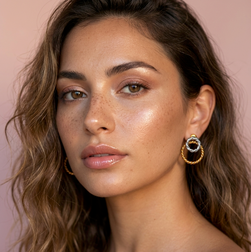 Modell trägt Dual Tone Infinity Ohrringe 18KGP, zweifarbiges Unendlichkeit-Design aus Gold und Silber